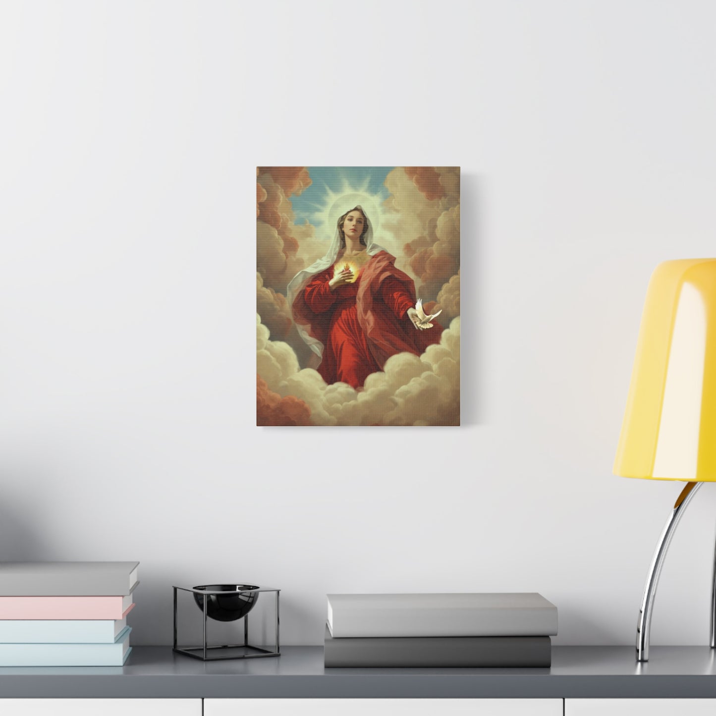 Mother Mary with Dove Heaven Catholic Canvas Wall Art, Christian Decor