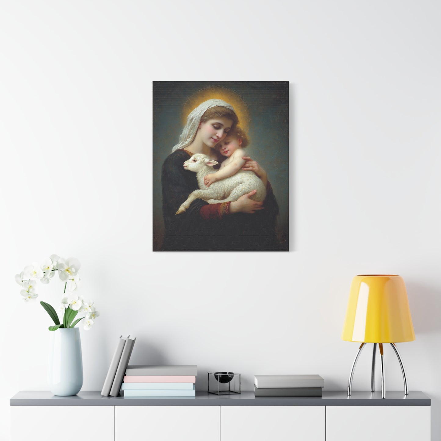 Mother Mary with Baby Jesus and Lamb Catholic Canvas Wall Art, Christian Decor