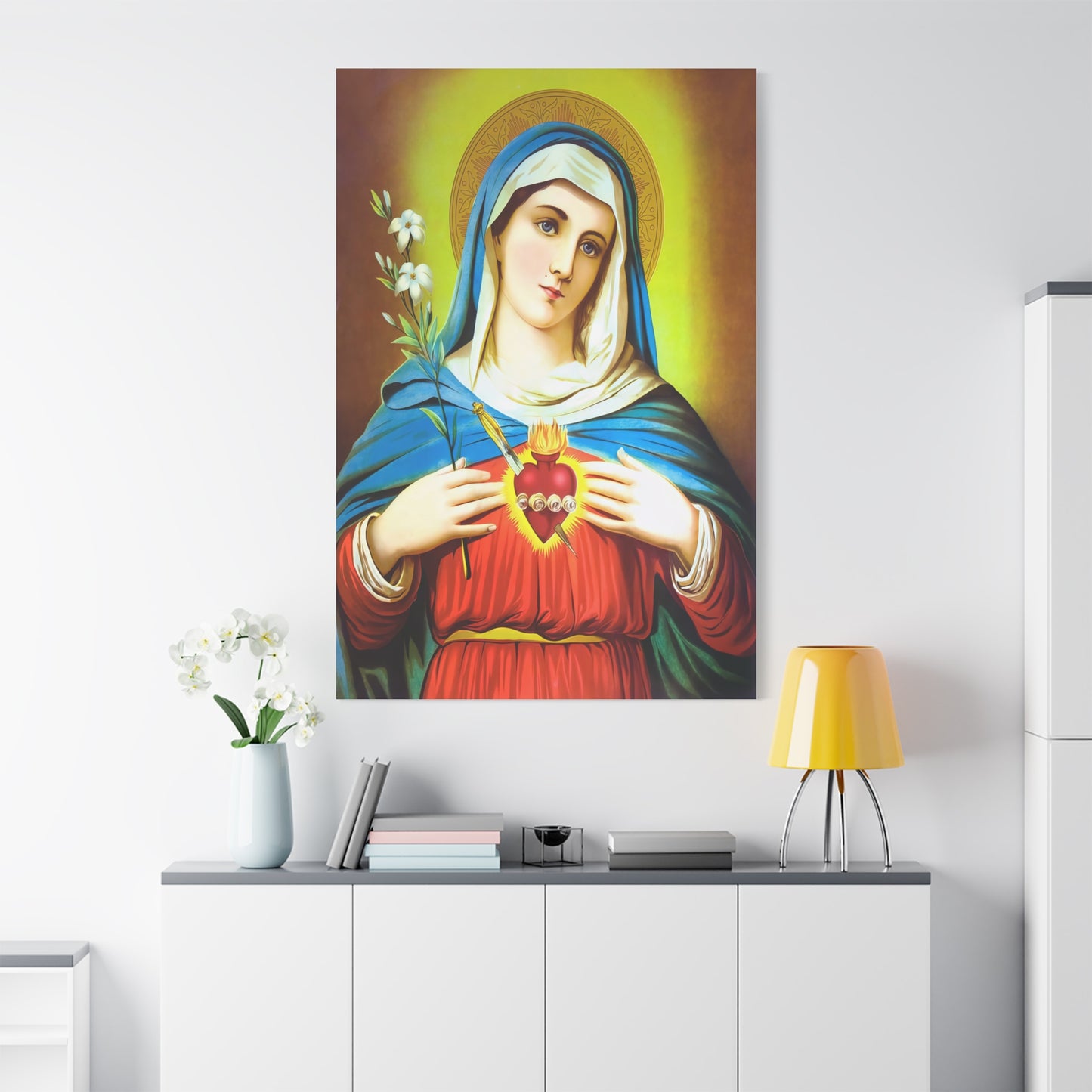 Ready To Hang - Mother Mary Immaculate Heart and Lilies Catholic Canvas Wall Art, Christian Decor