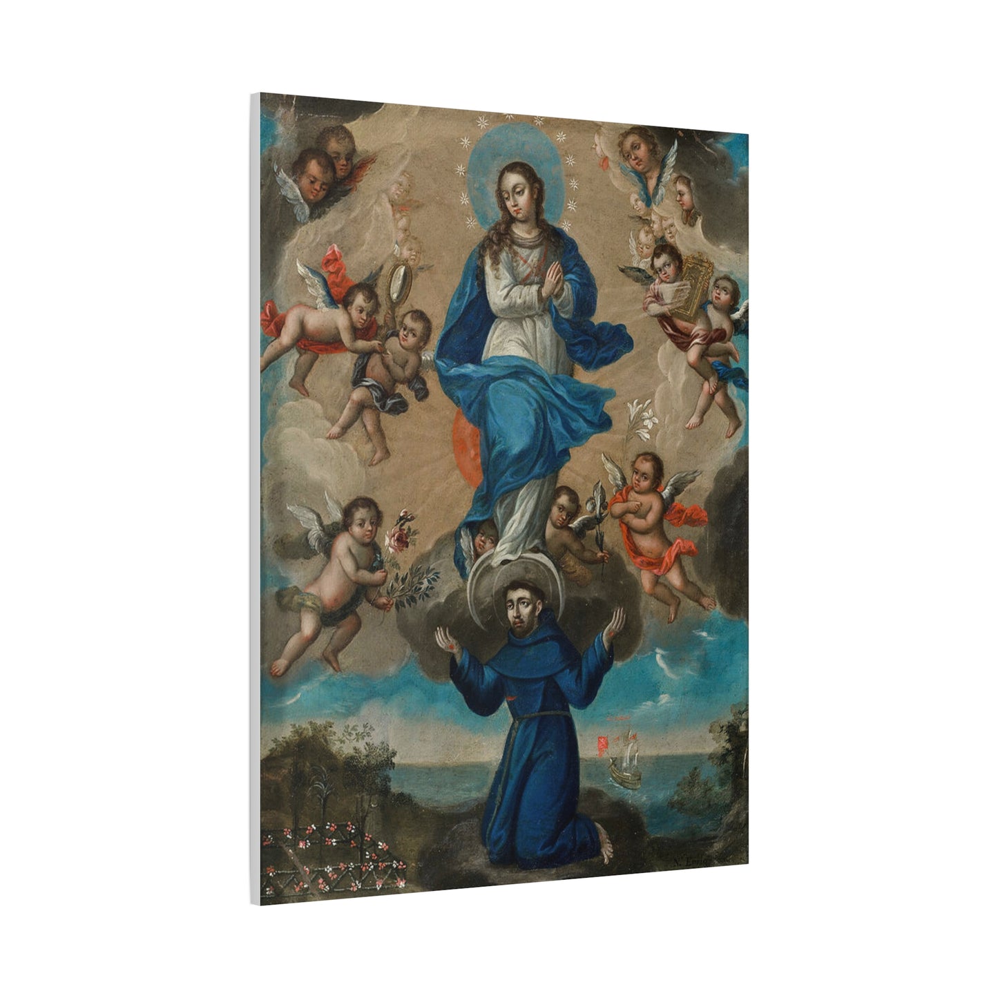 Immaculate Conception with Saint Francis and Angels Catholic HQ Print on Canvas Ready To Hang - Virgin Mary Canvas