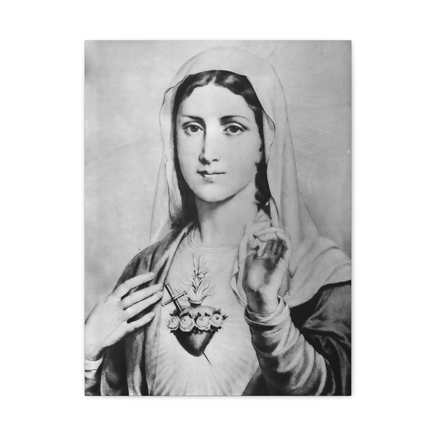 Ready To Hang - Black and White Mother Mary Immaculate Heart Catholic Canvas Wall Art, Christian Decor