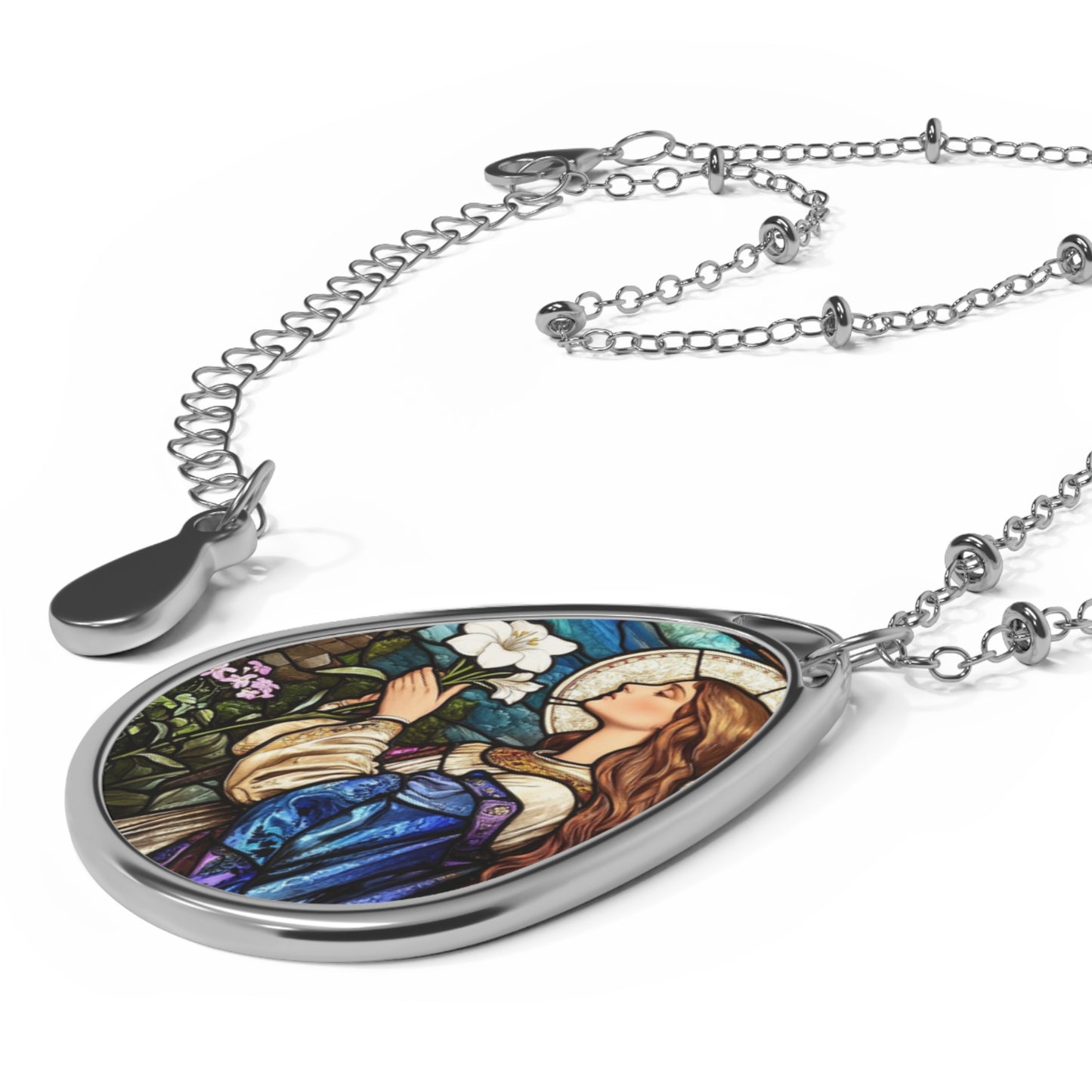 St Agnes Necklace Drop Oval Pendant Silver Tone Medal
