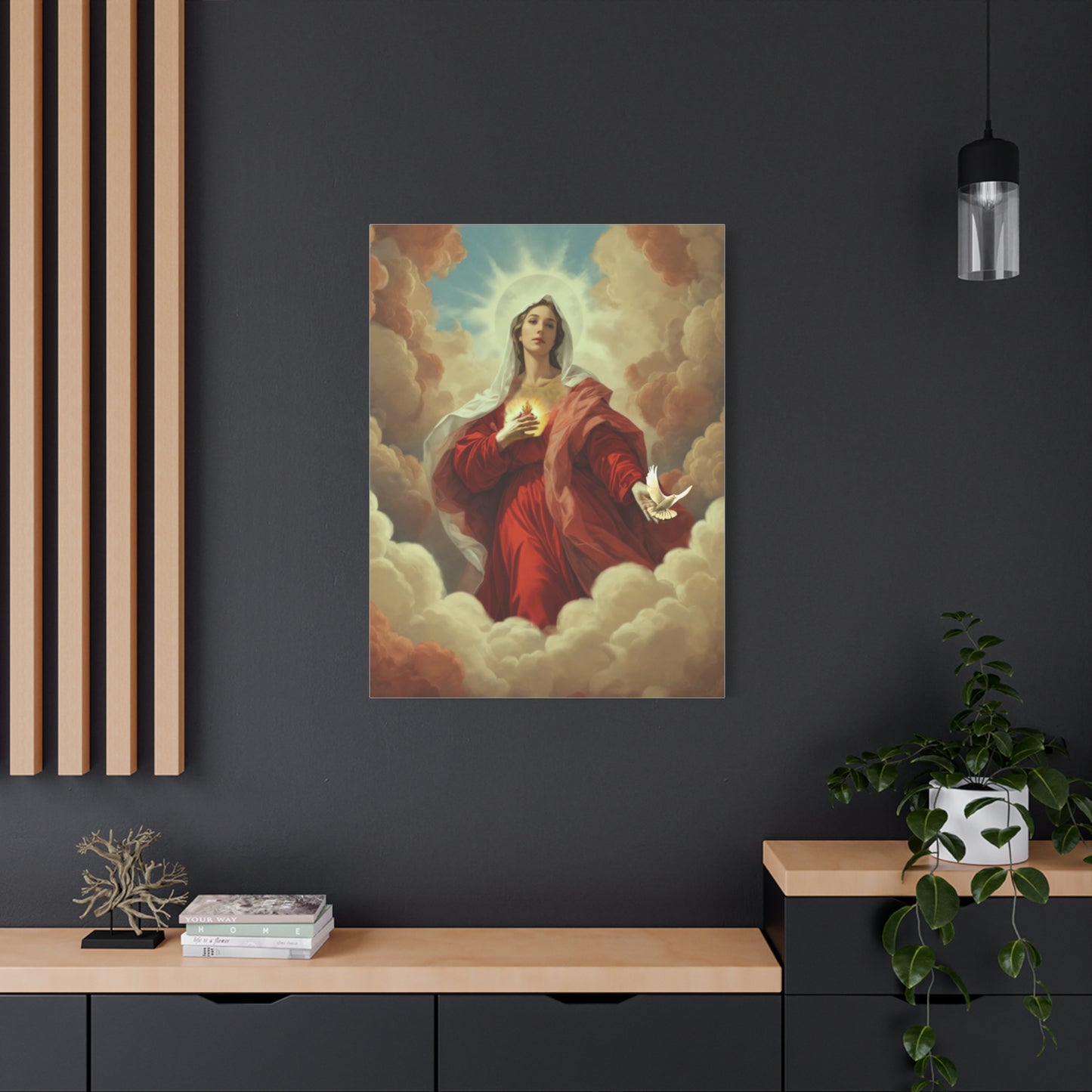Mother Mary with Dove Heaven Catholic Canvas Wall Art, Christian Decor