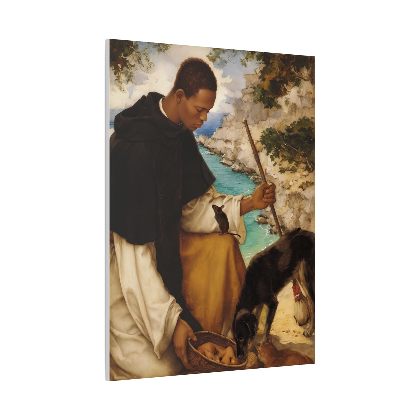 Ready To Hang - St. Martin de Porres with Mouse and Dog Catholic Canvas Wall Art - Christian Decor