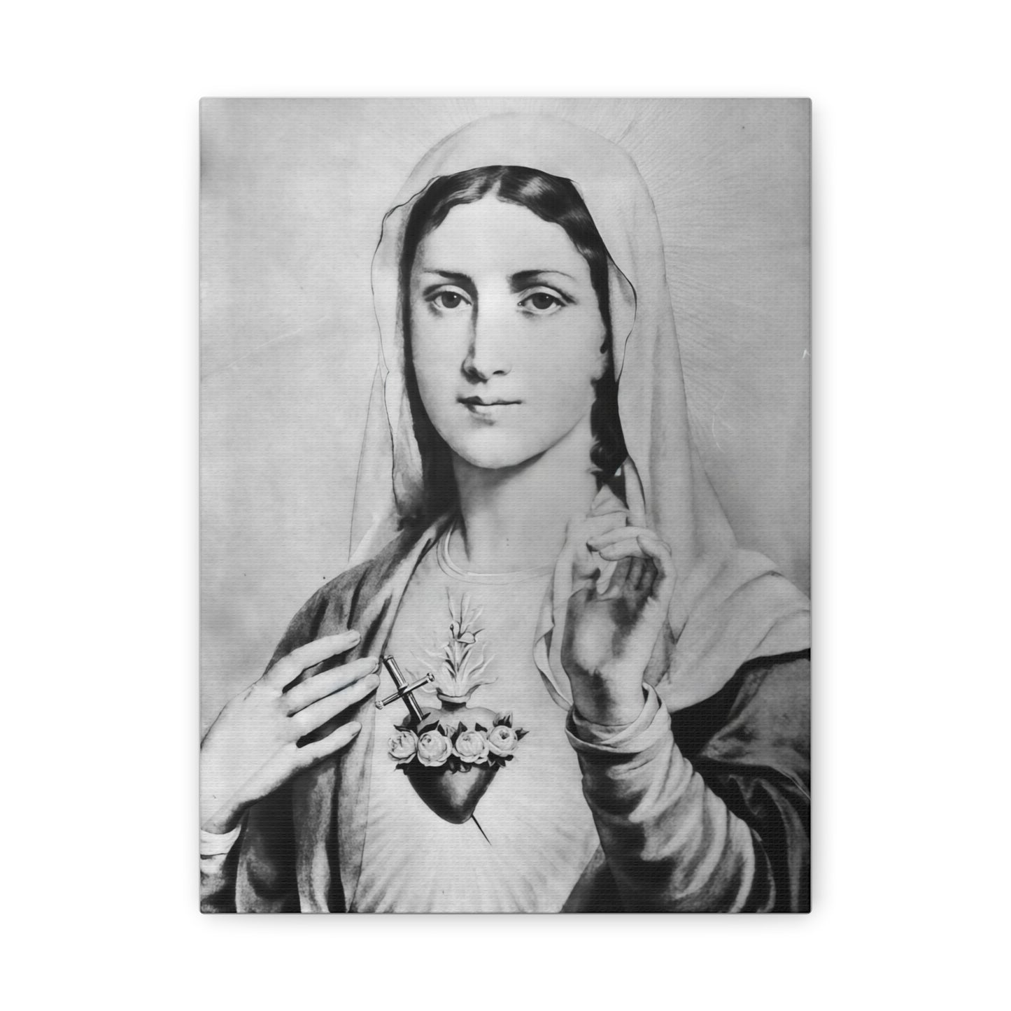 Ready To Hang - Black and White Mother Mary Immaculate Heart Catholic Canvas Wall Art, Christian Decor