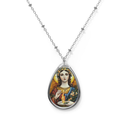 St. Agatha Oval Drop Pendant Necklace - Silver Tone Medal