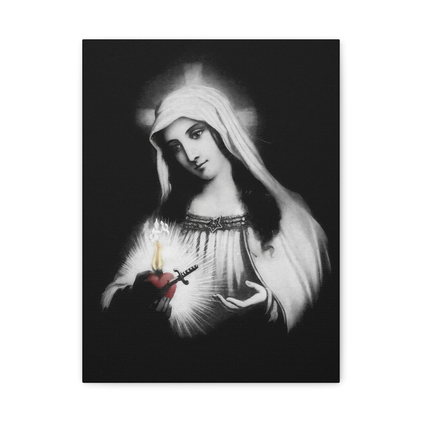 Ready To Hang - Mother Mary Immaculate Heart Catholic Sorrowful Mary Canvas Wall Art, Christian Decor Black and White