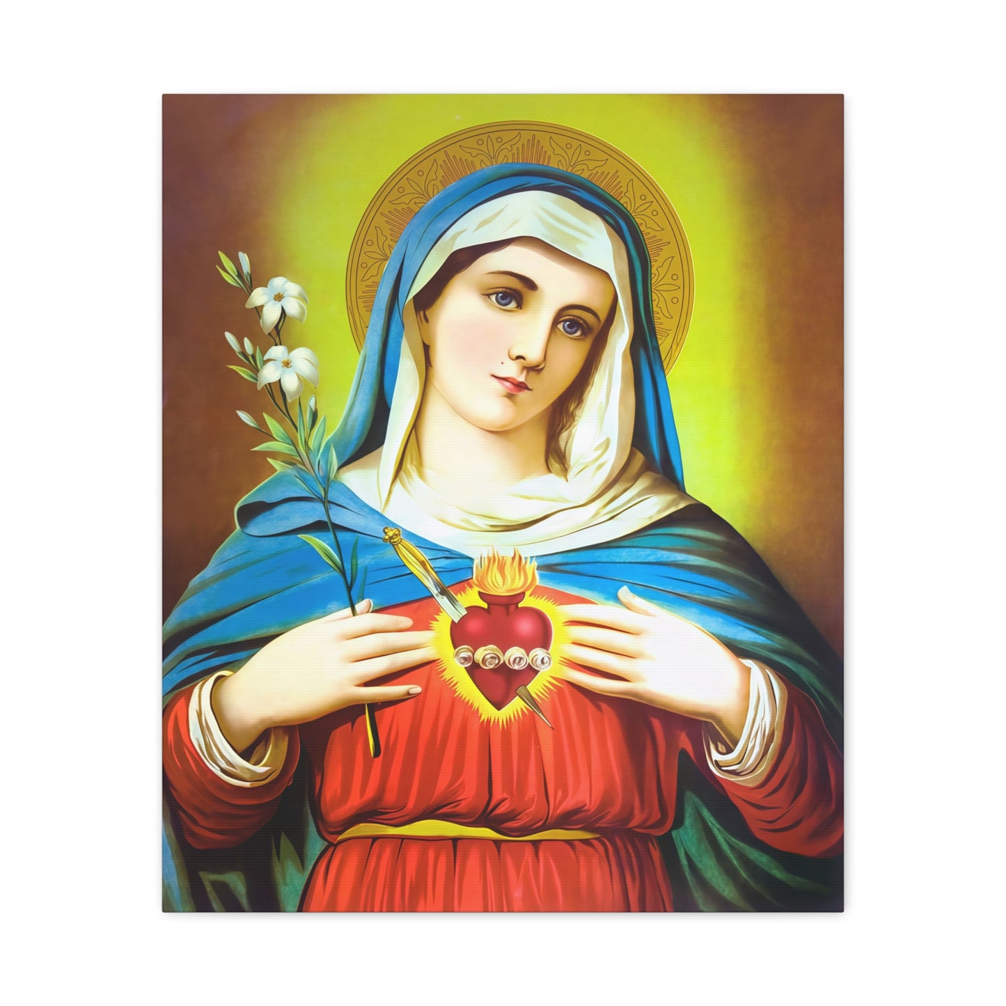 Ready To Hang - Mother Mary Immaculate Heart and Lilies Catholic Canvas Wall Art, Christian Decor