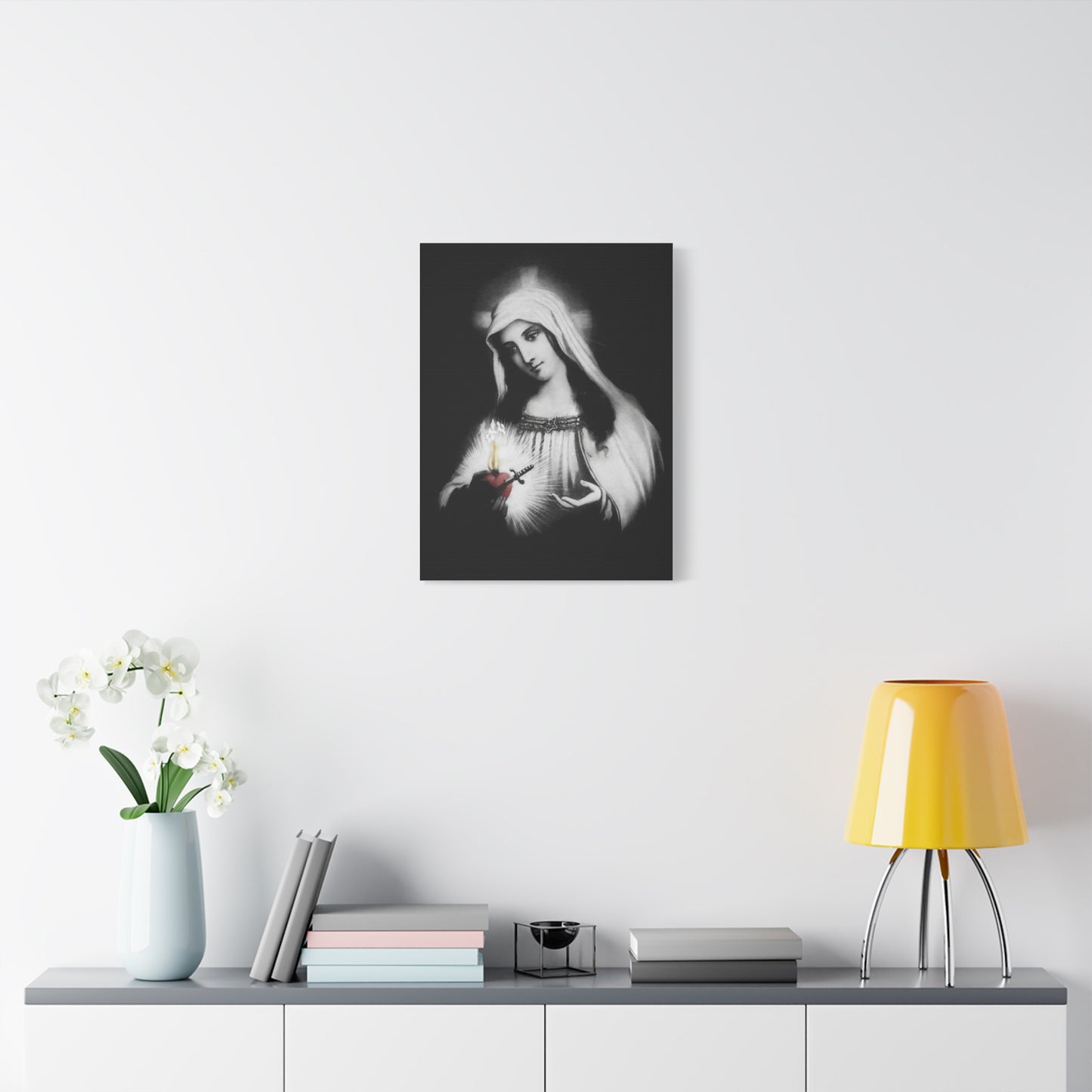 Ready To Hang - Mother Mary Immaculate Heart Catholic Sorrowful Mary Canvas Wall Art, Christian Decor Black and White