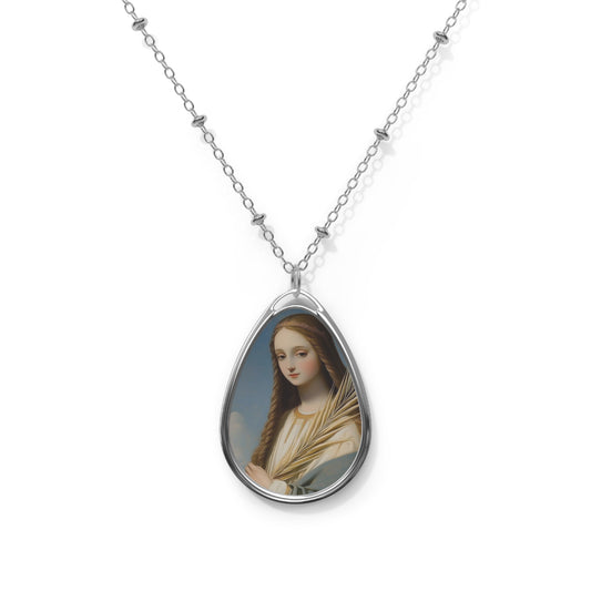 St Agnes Necklace Drop Oval Pendant Silver Tone Medal