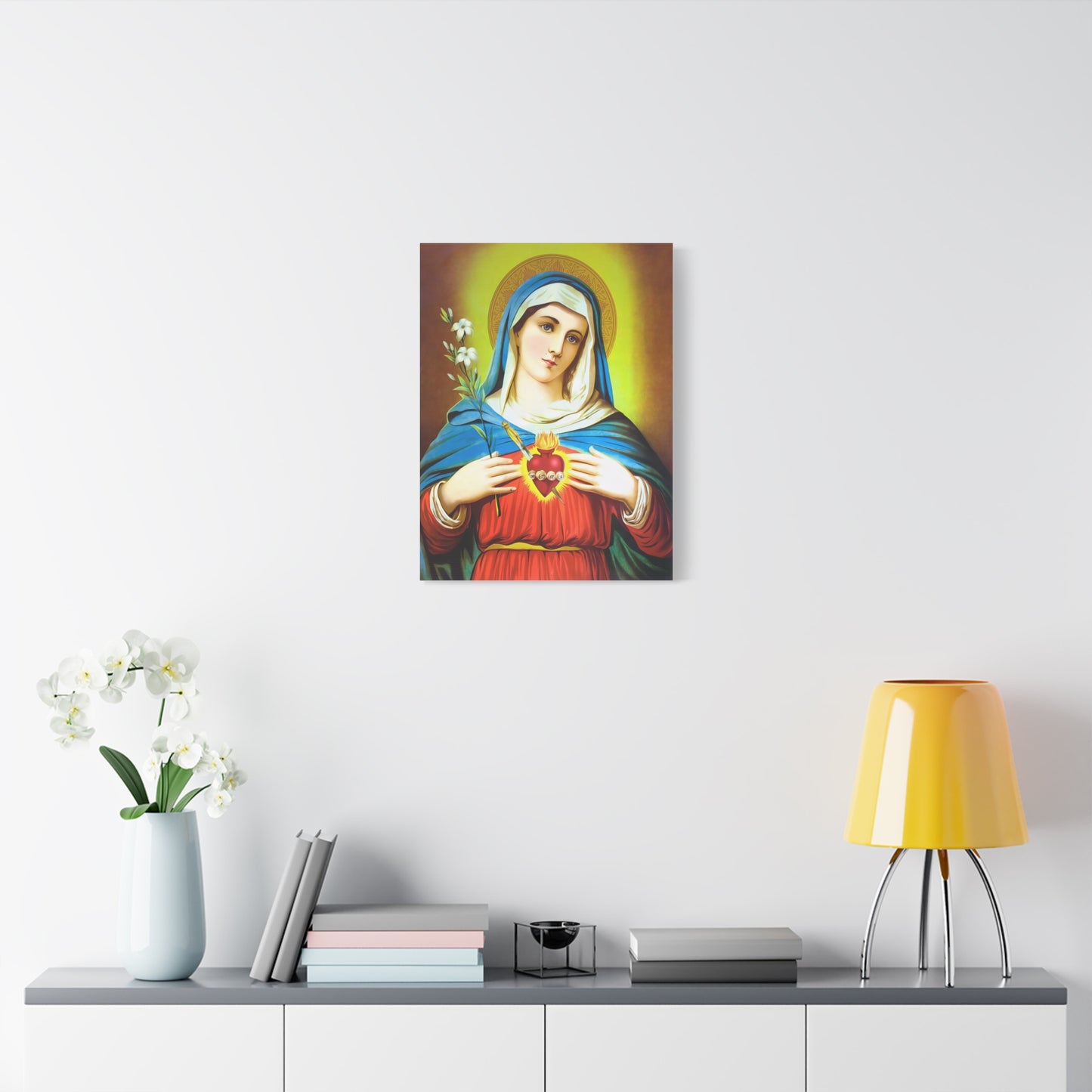 Ready To Hang - Mother Mary Immaculate Heart and Lilies Catholic Canvas Wall Art, Christian Decor