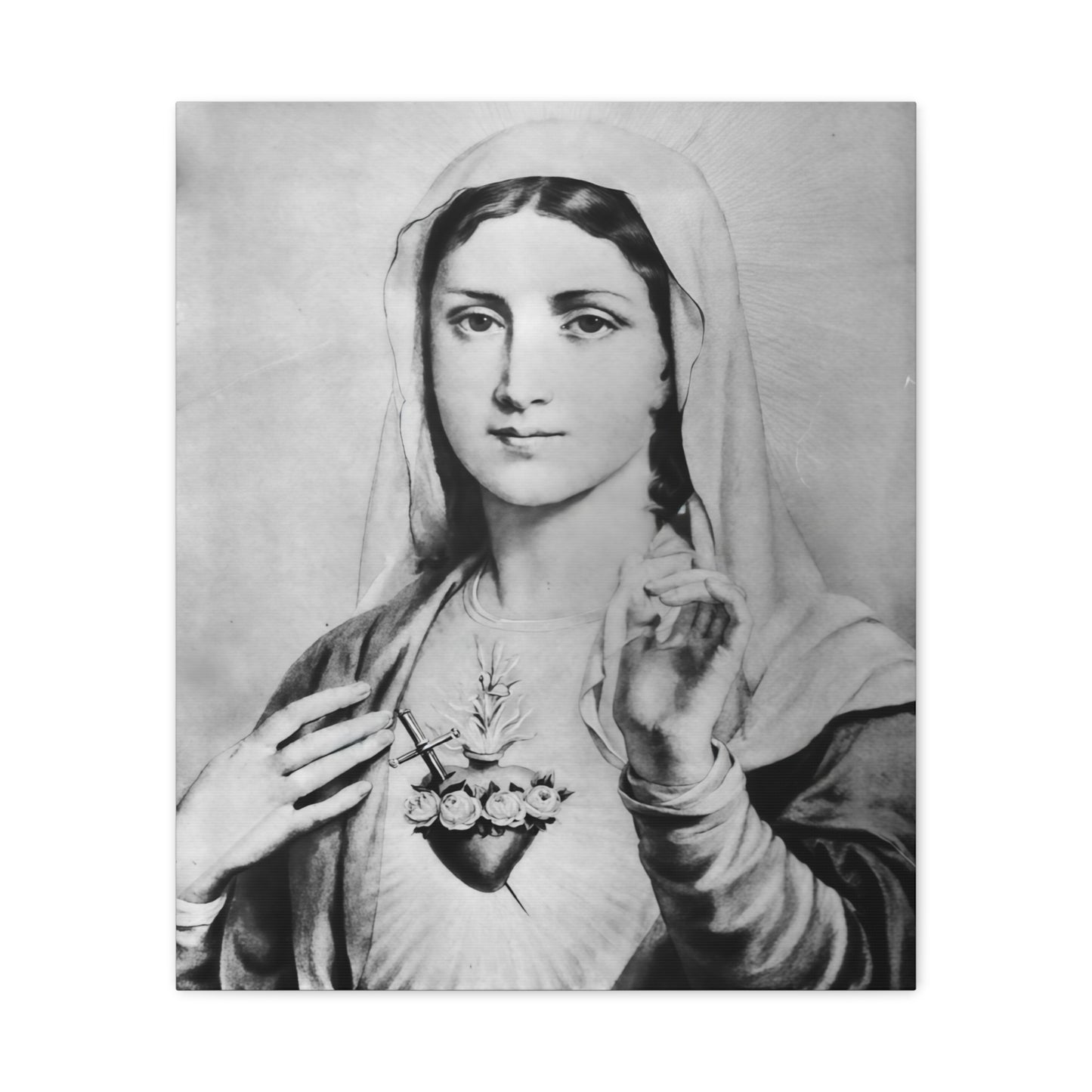 Ready To Hang - Black and White Mother Mary Immaculate Heart Catholic Canvas Wall Art, Christian Decor