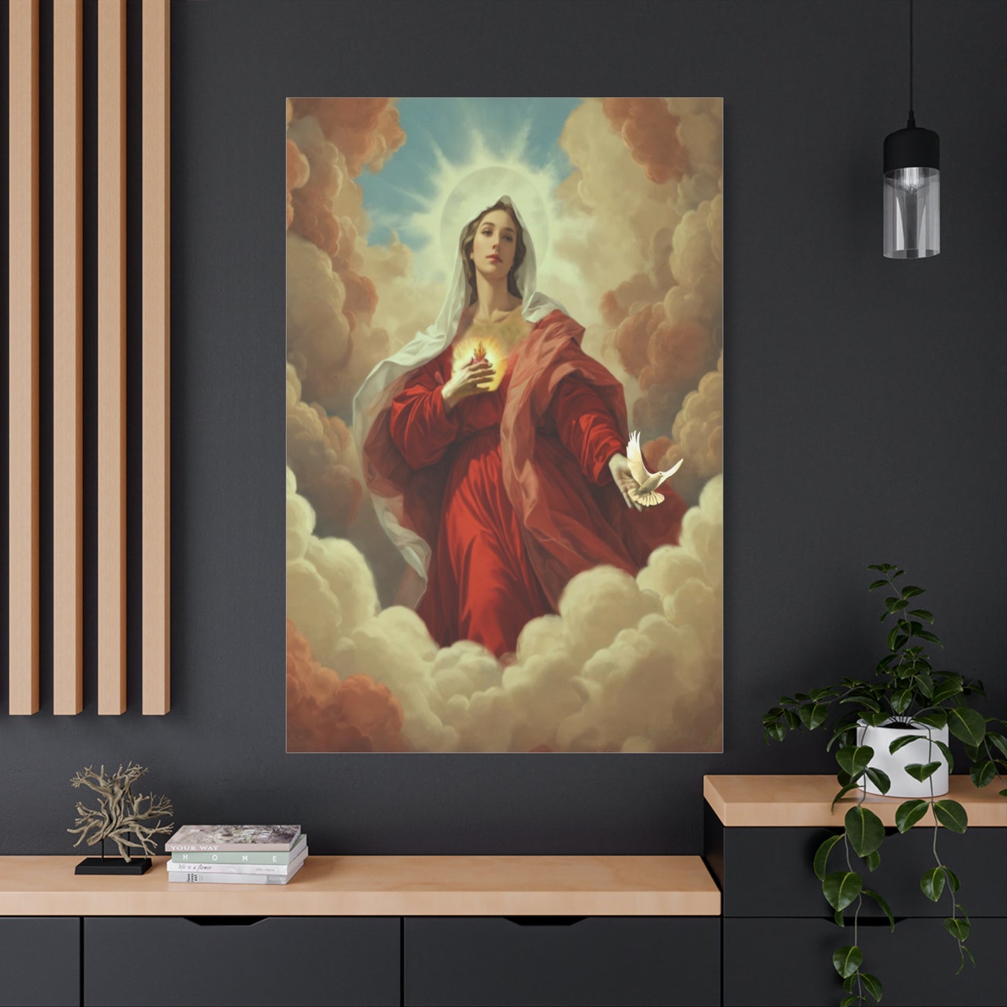 Mother Mary with Dove Heaven Catholic Canvas Wall Art, Christian Decor
