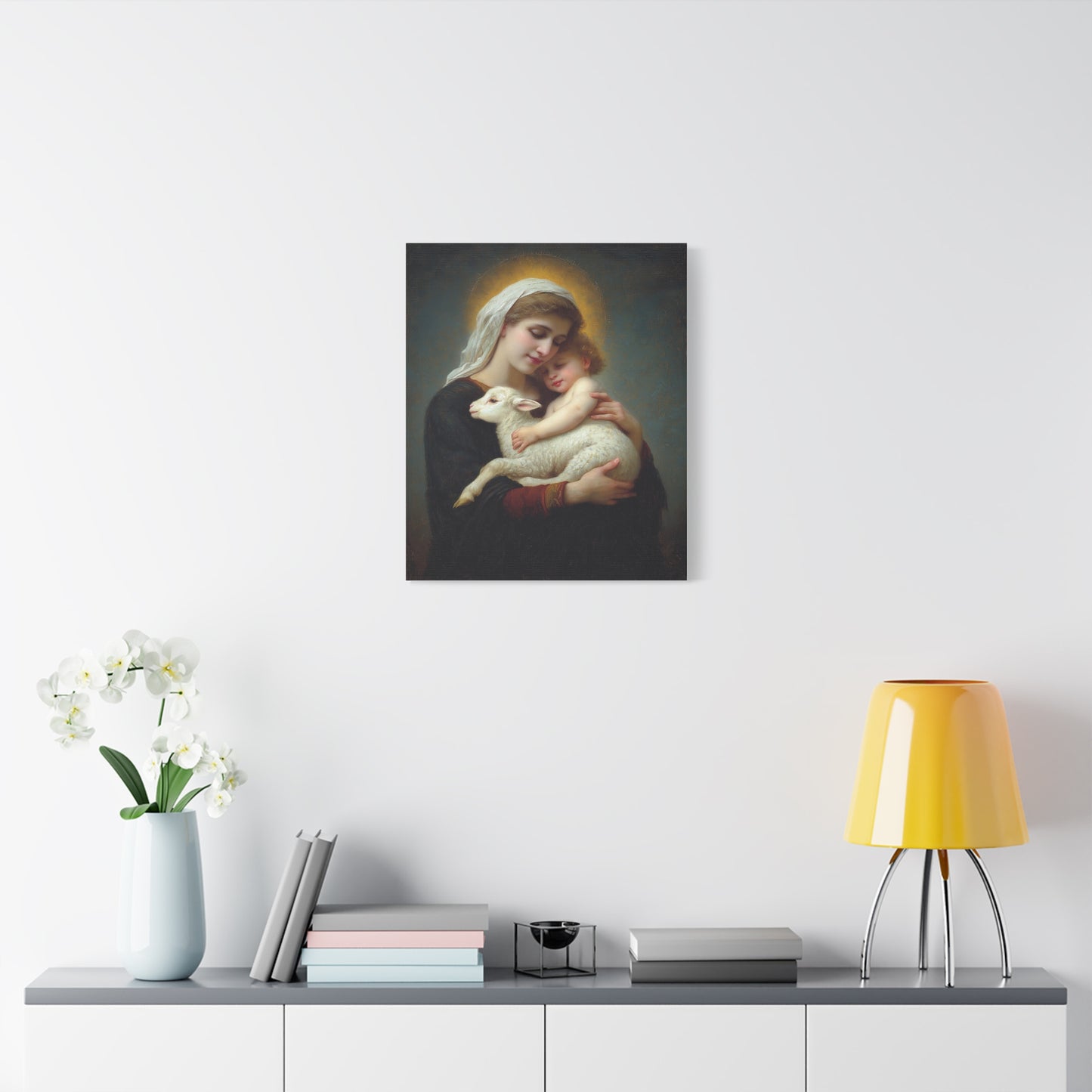 Mother Mary with Baby Jesus and Lamb Catholic Canvas Wall Art, Christian Decor