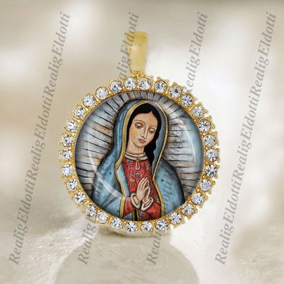 Our Lady of Guadalupe - Christian Catholic Medal Pendant / Charm Gold Tone Bezel 1 inch / 25mm
