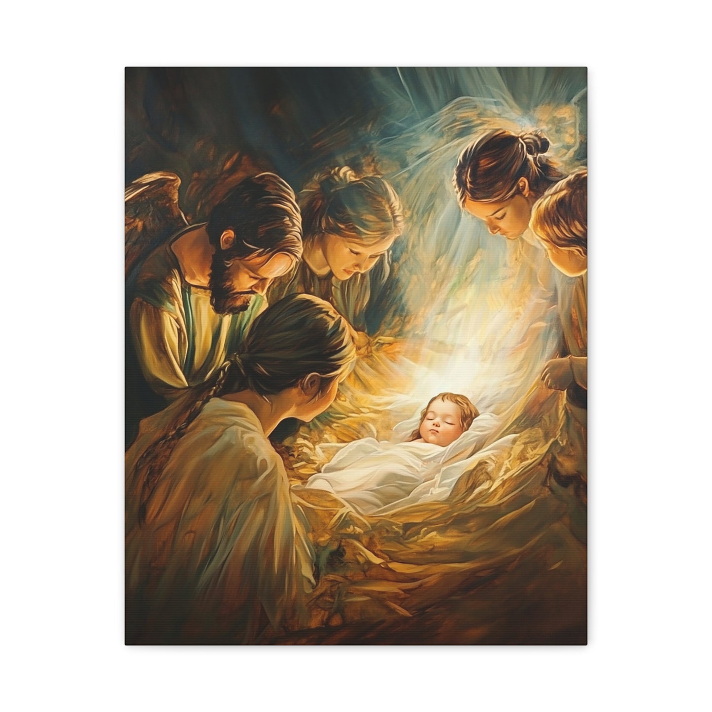 Jesus Nativity w Angels Catholic Canvas Wall Art, Christian Decor