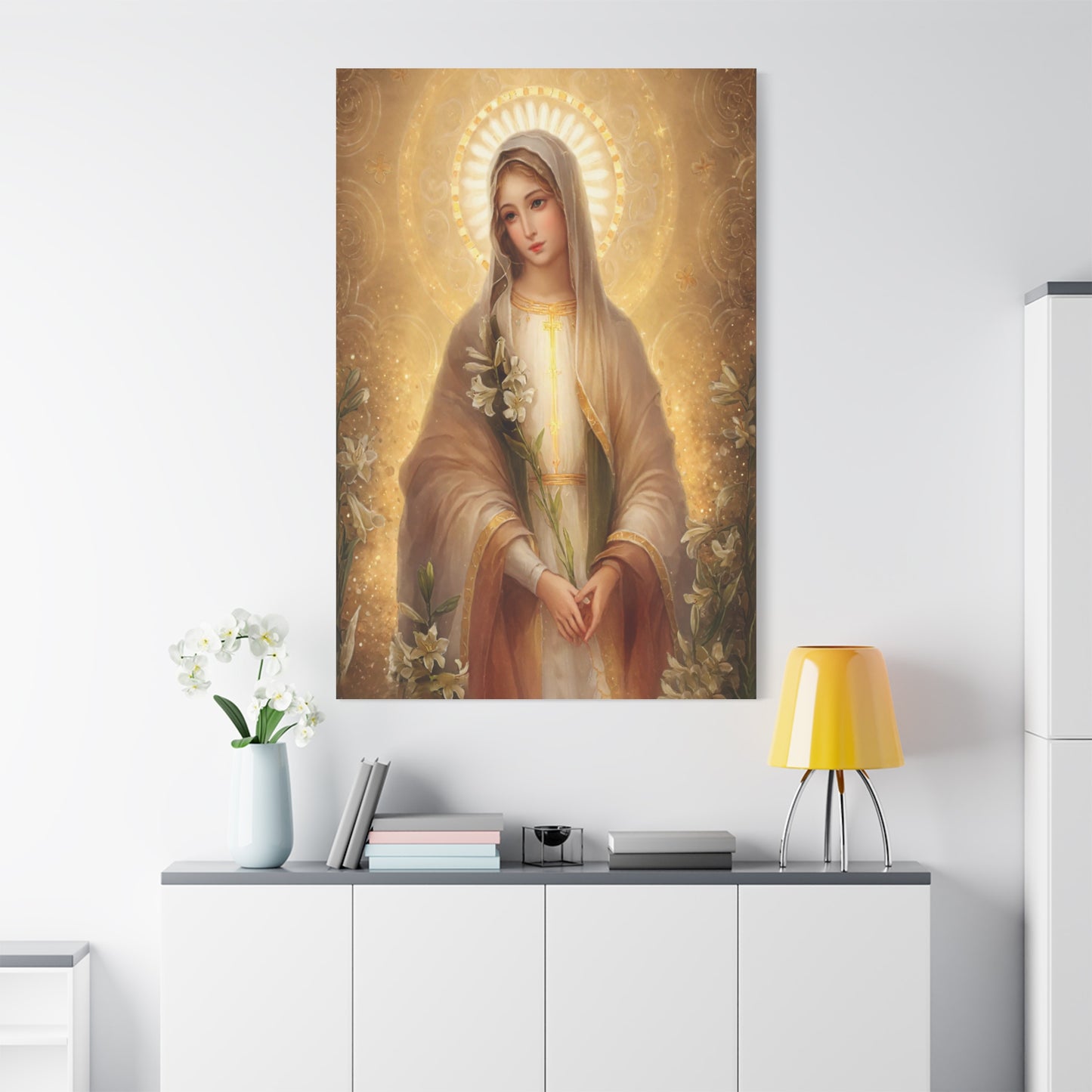 Ready to Hang - Mother Mary Our Lady of the Lilies Catholic Canvas Wall Art, Christian Decor