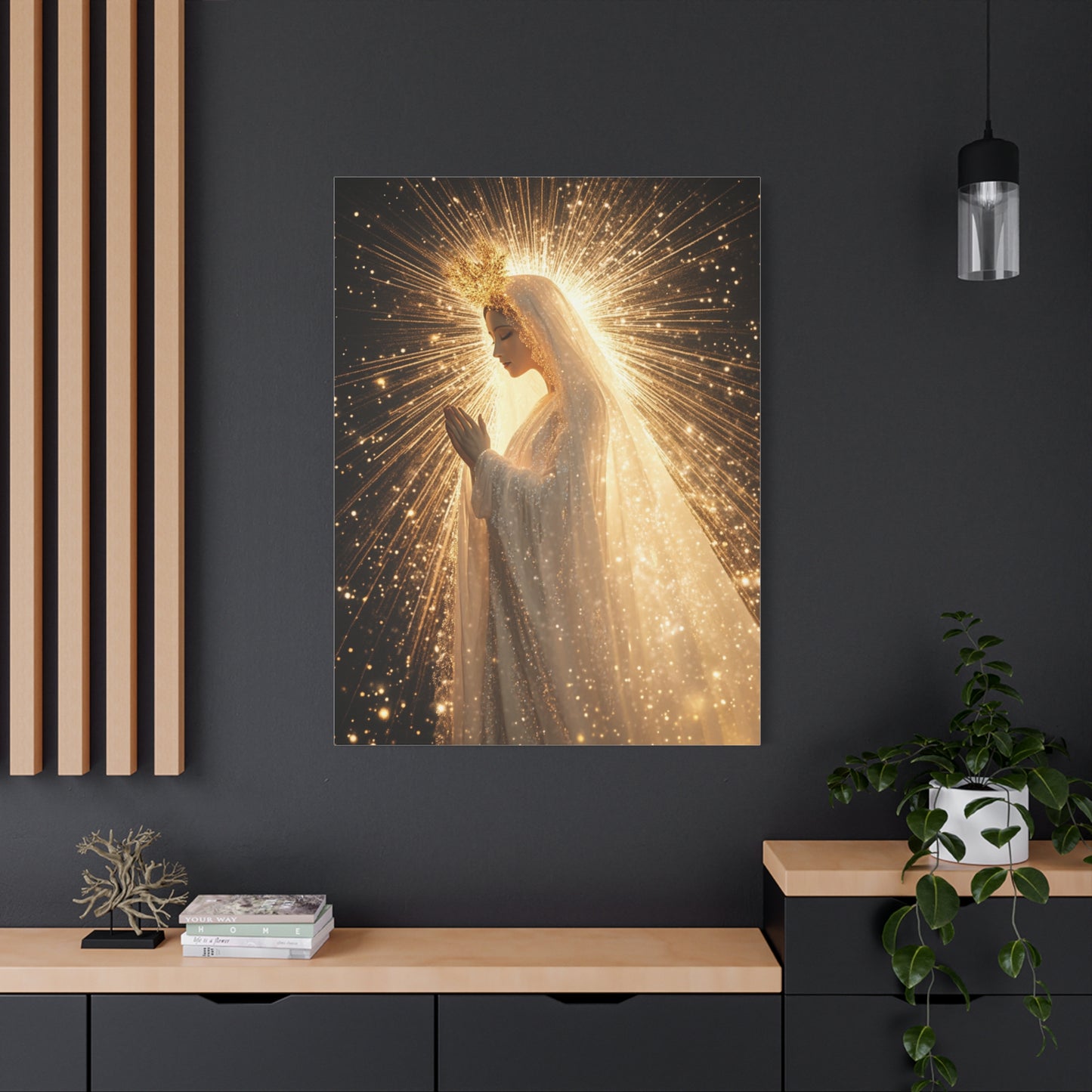 Mother Mary Starry Night Sky Catholic Canvas Wall Art, Christian Decor
