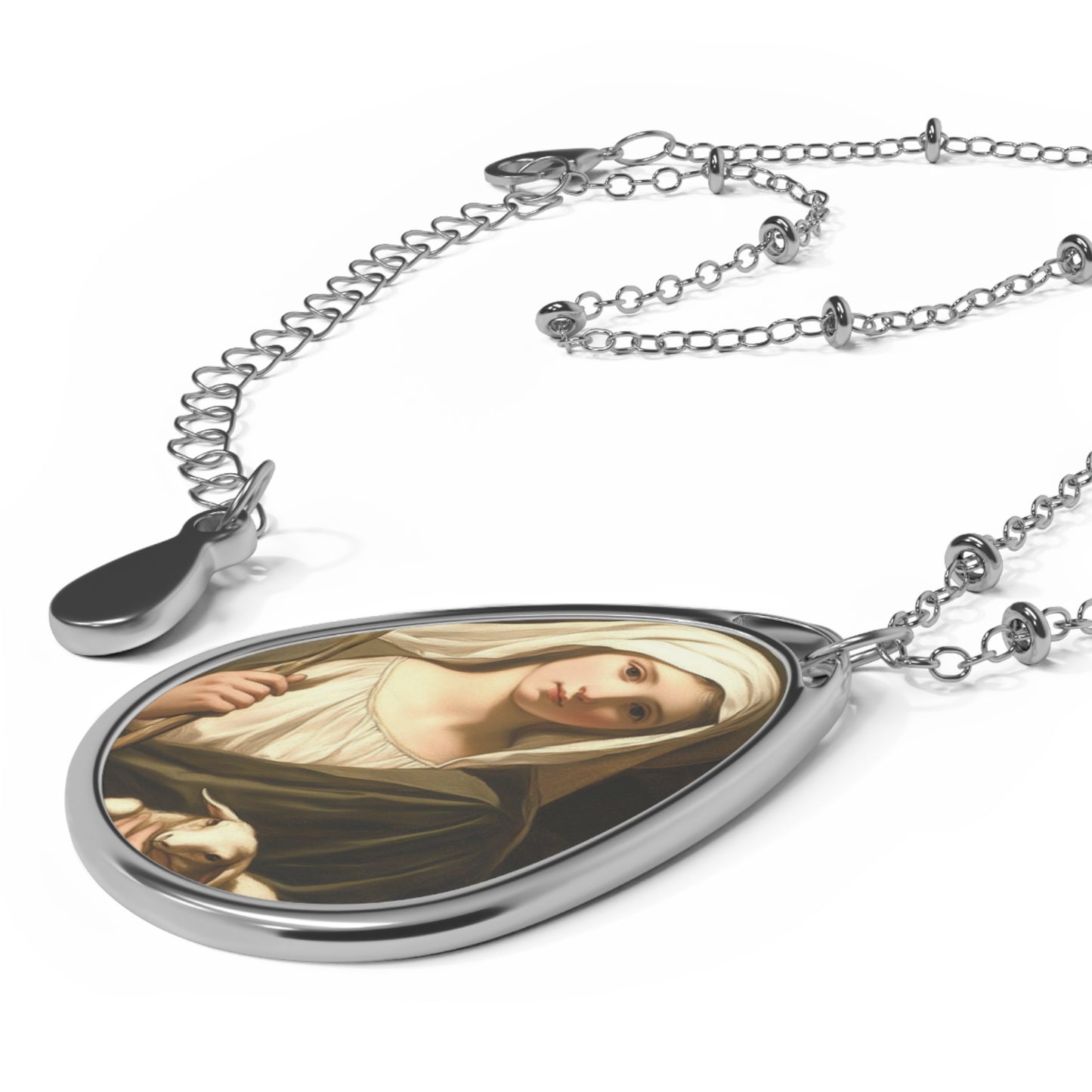 St Agnes Necklace Drop Oval Pendant Silver Tone Medal