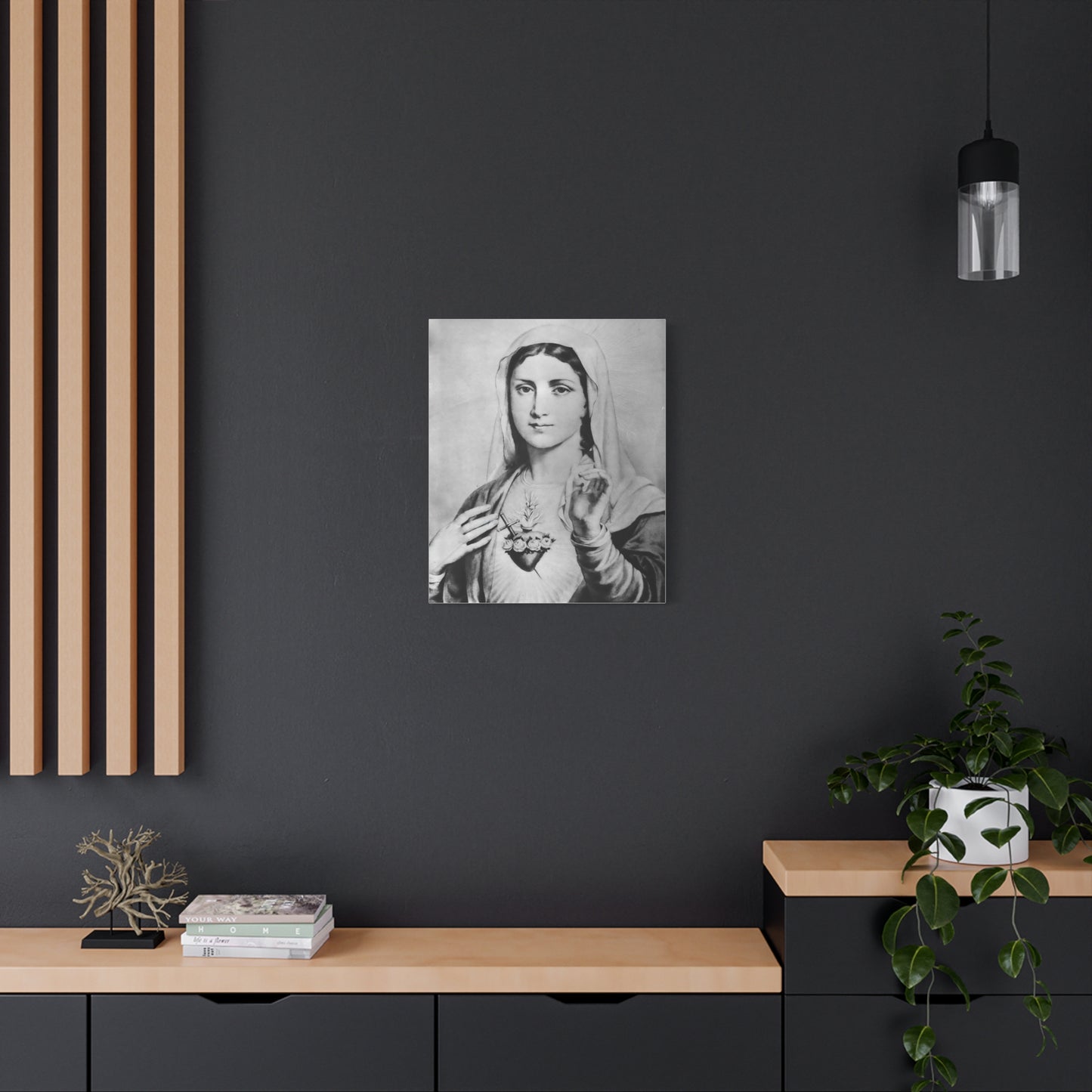 Ready To Hang - Black and White Mother Mary Immaculate Heart Catholic Canvas Wall Art, Christian Decor