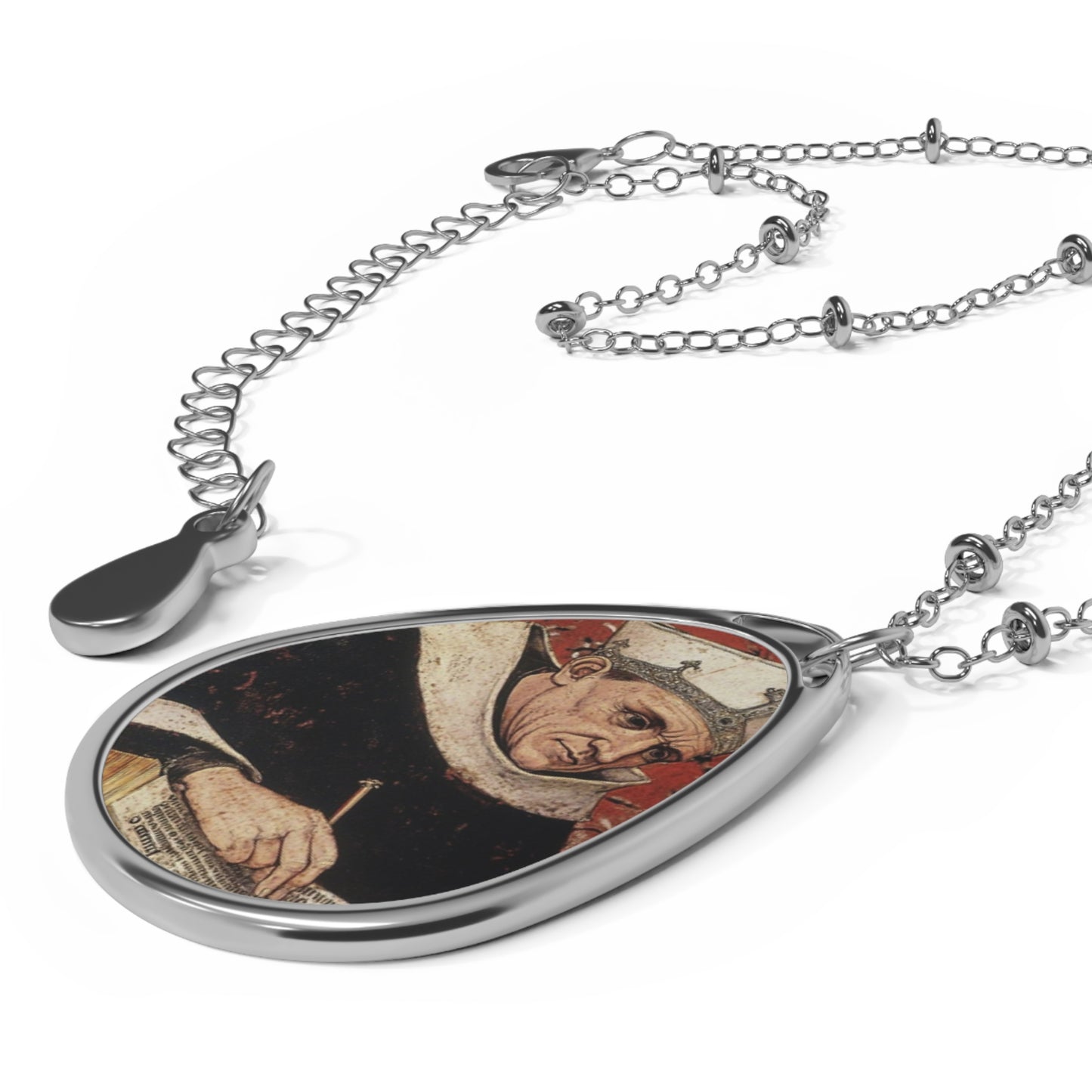 albertus Magnus Necklace Drop Oval Pendant Silver Tone Medal