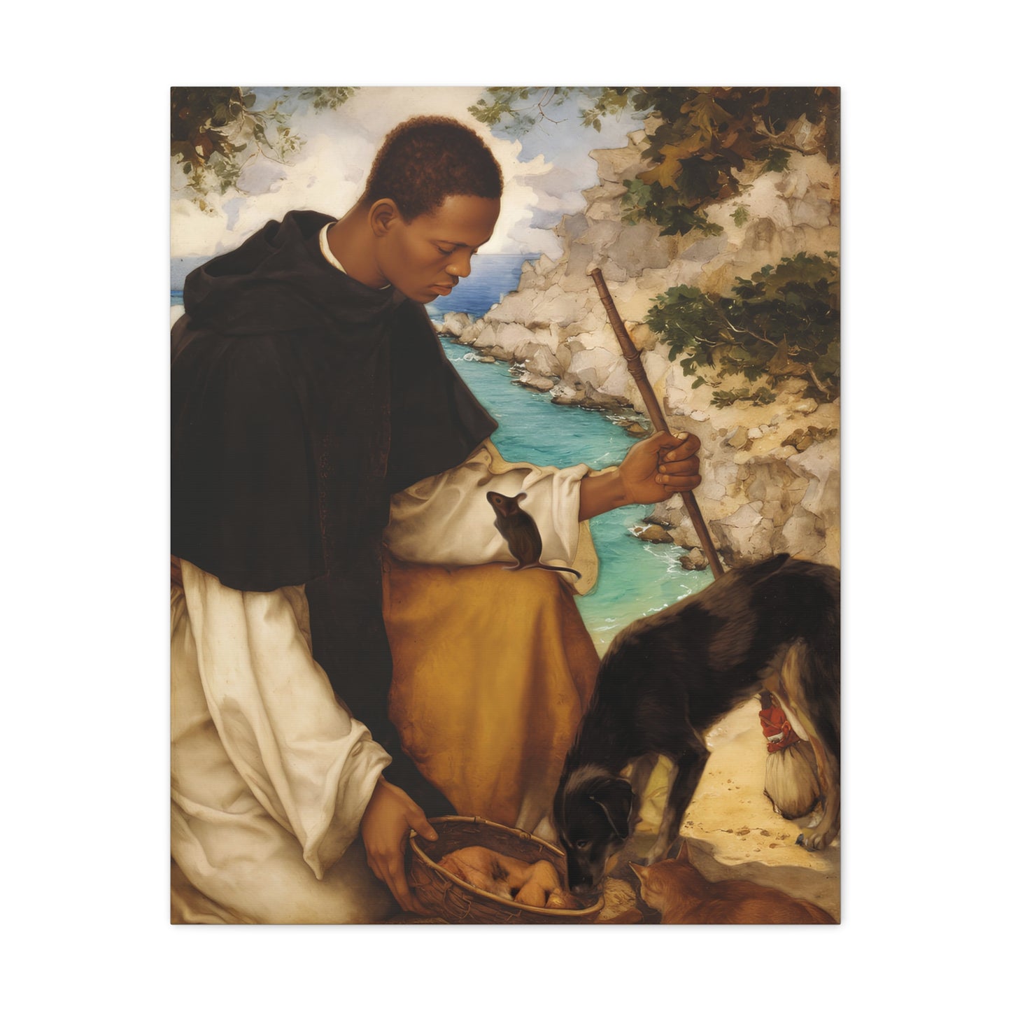 Ready To Hang - St. Martin de Porres with Mouse and Dog Catholic Canvas Wall Art - Christian Decor
