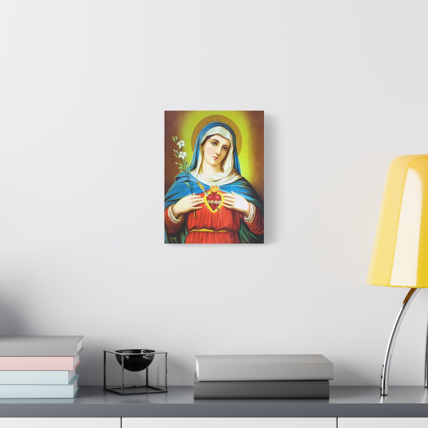 Ready To Hang - Mother Mary Immaculate Heart and Lilies Catholic Canvas Wall Art, Christian Decor