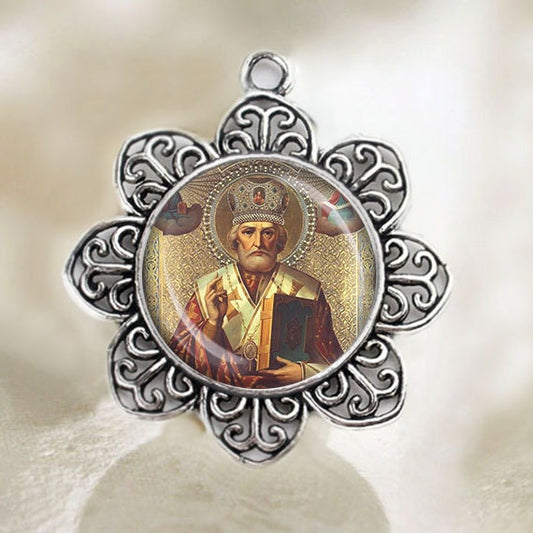 St Nicholas of Myra Medal Catholic Christian Flower Shaped Silver Tone Jewelry