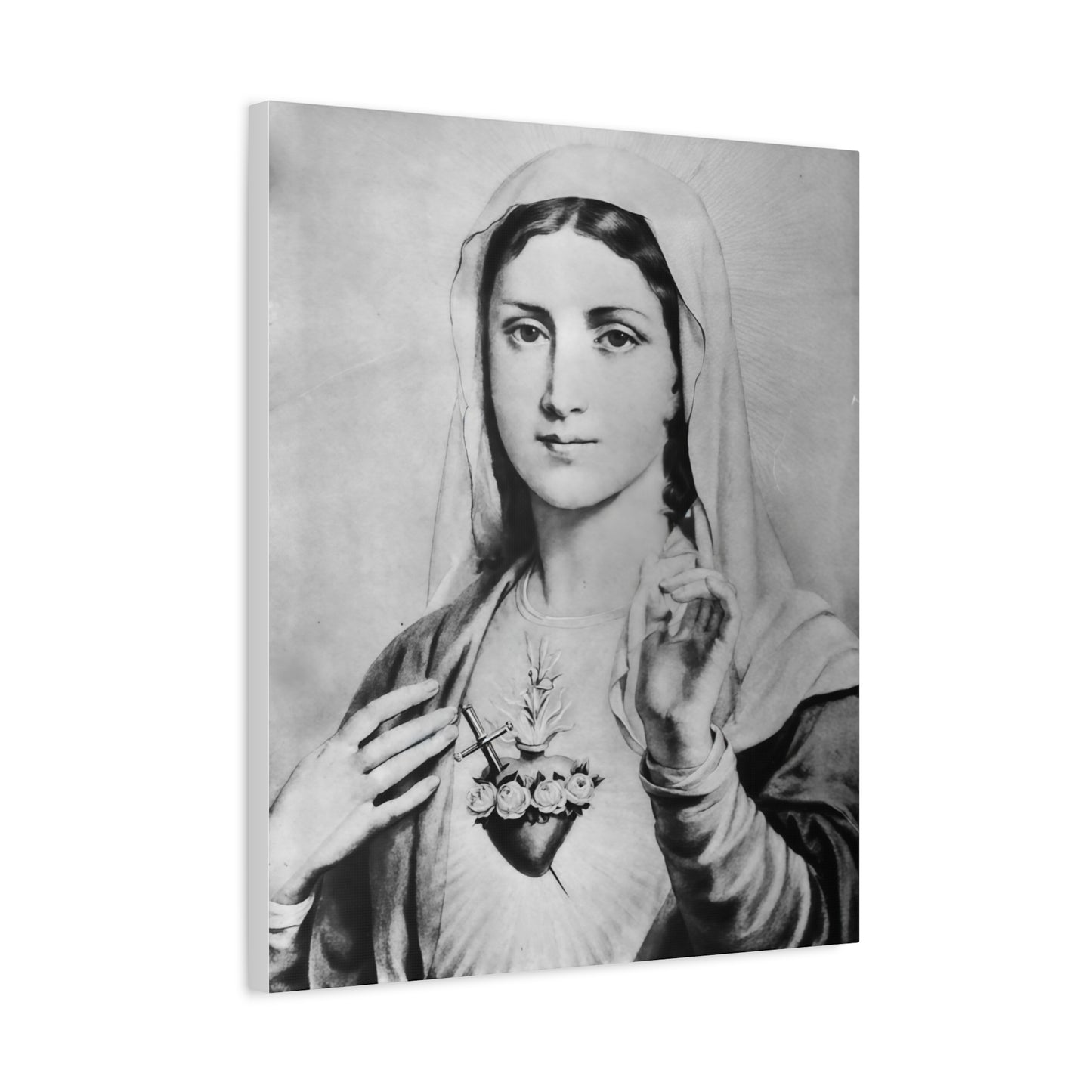 Ready To Hang - Black and White Mother Mary Immaculate Heart Catholic Canvas Wall Art, Christian Decor
