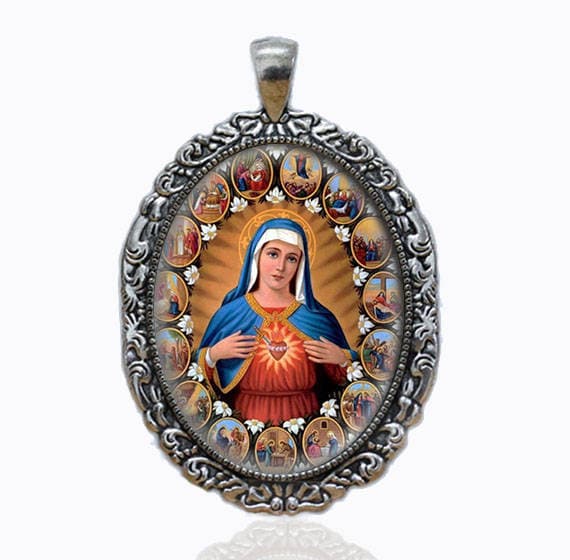 IMMACULATE HEART Of Mary Pendant. Silver Tone Virgin Mary Catholic Medal. Large Oval Catholic Pendant.
