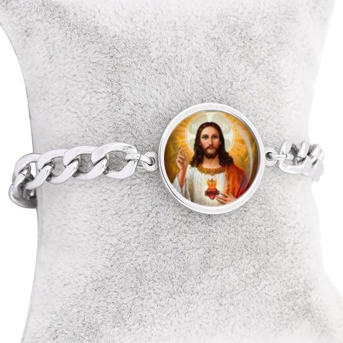 Jesus Our Lord Sacred Heart Curb Bracelet Gold or Silver tone Religious Jewelry Simple Chain