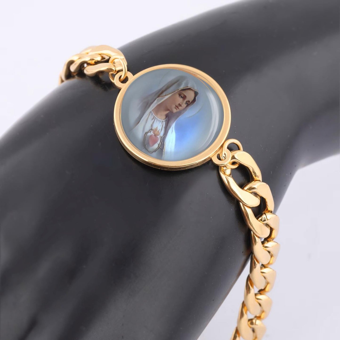 Our Lady Fatima Blue Curb Bracelet Gold or Silver tone Religious Jewelry Simple Chain