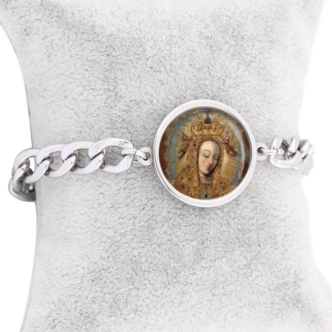 Our Lady Poland Curb Bracelet Gold or Silver tone Religious Jewelry Simple Chain