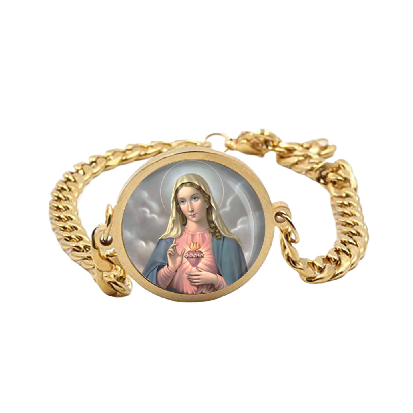 Our Blessed Lady Immaculate Heart Curb Bracelet Gold or Silver tone Religious Jewelry Simple Chain