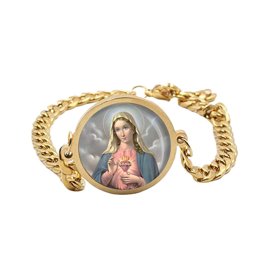 Our Blessed Lady Immaculate Heart Curb Bracelet Gold or Silver tone Religious Jewelry Simple Chain