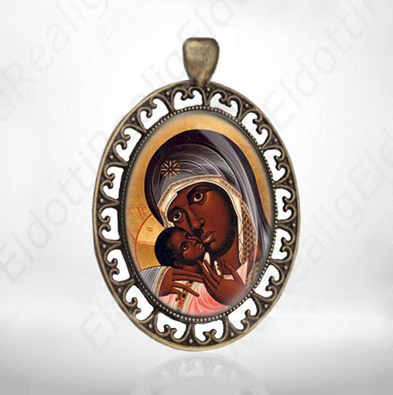 Black Madonna Christian Catholic Medal Pendant, Virgin Mary w Baby Jesus Religious Bronze Oval Jewelry