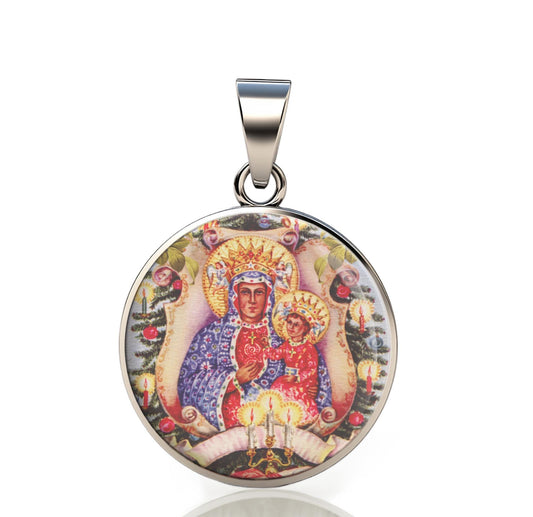 Our Lady Czestochowa Black Madonna 925 Sterling Silver Round Pendant Christian Religious Medal Small 20mm