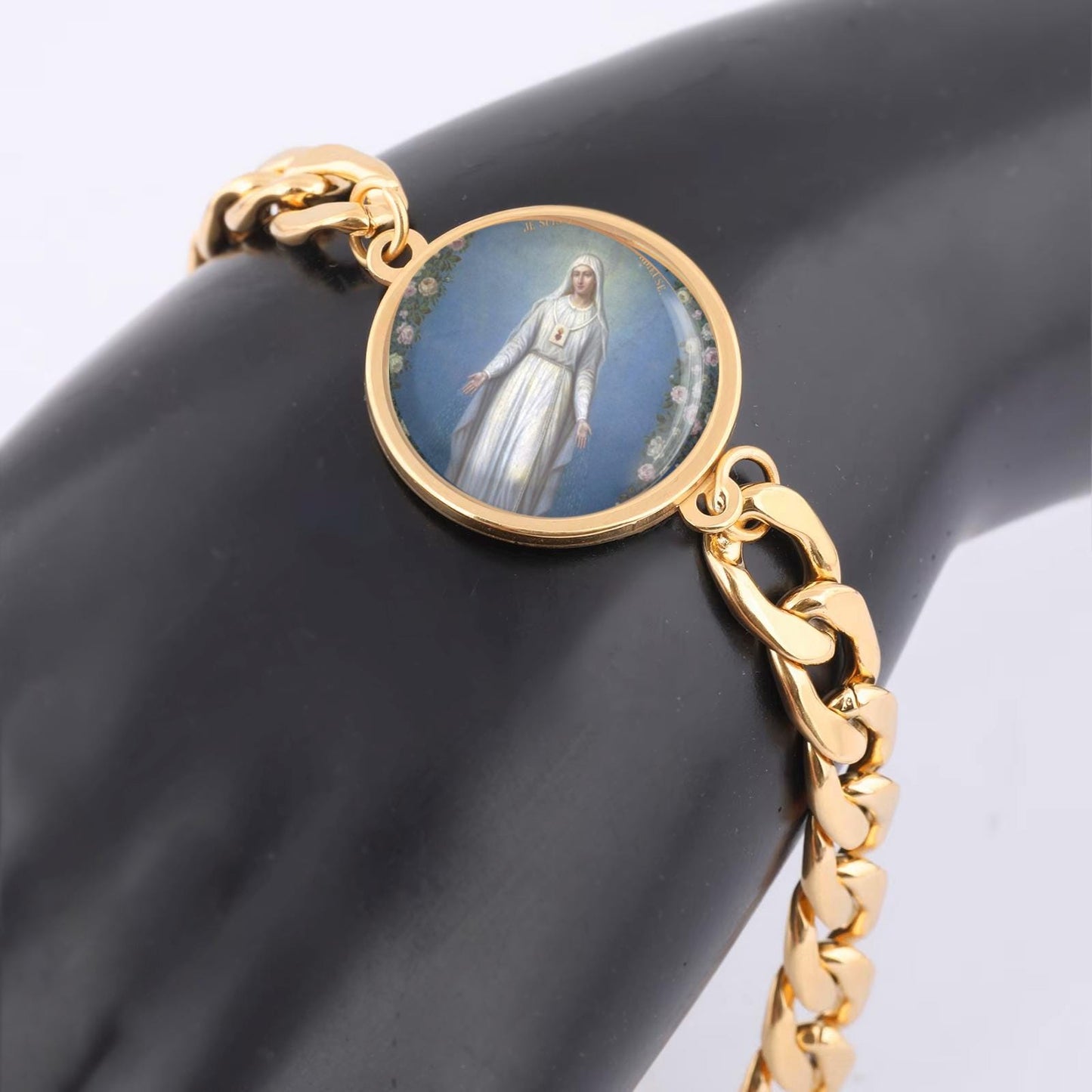 Our Lady with Wreath Of Roses Curb Bracelet Gold or Silver tone Religious Jewelry Simple Chain