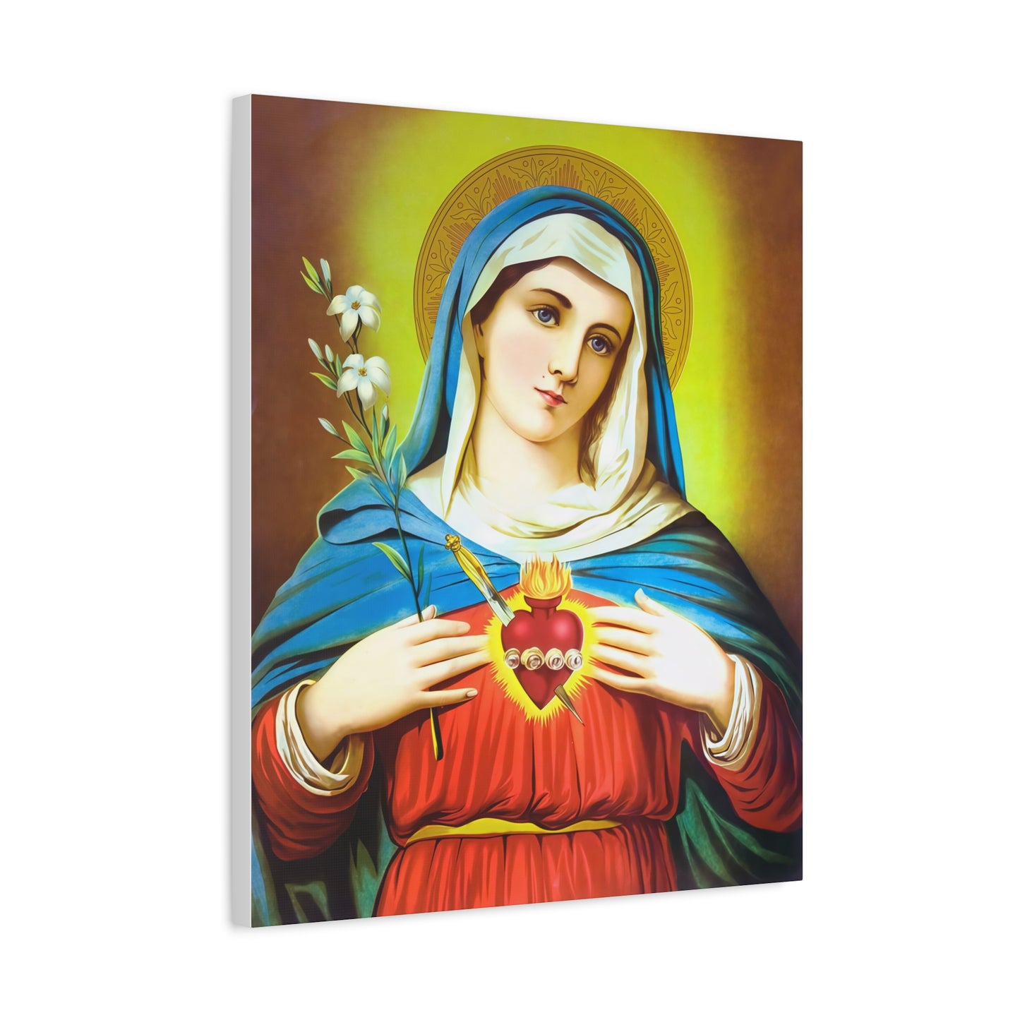 Ready To Hang - Mother Mary Immaculate Heart and Lilies Catholic Canvas Wall Art, Christian Decor