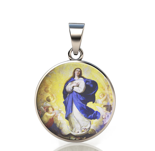 Our Lady Assumption Catholic Mary 925 Sterling Silver Round Pendant Christian Religious Medal Small 20mm