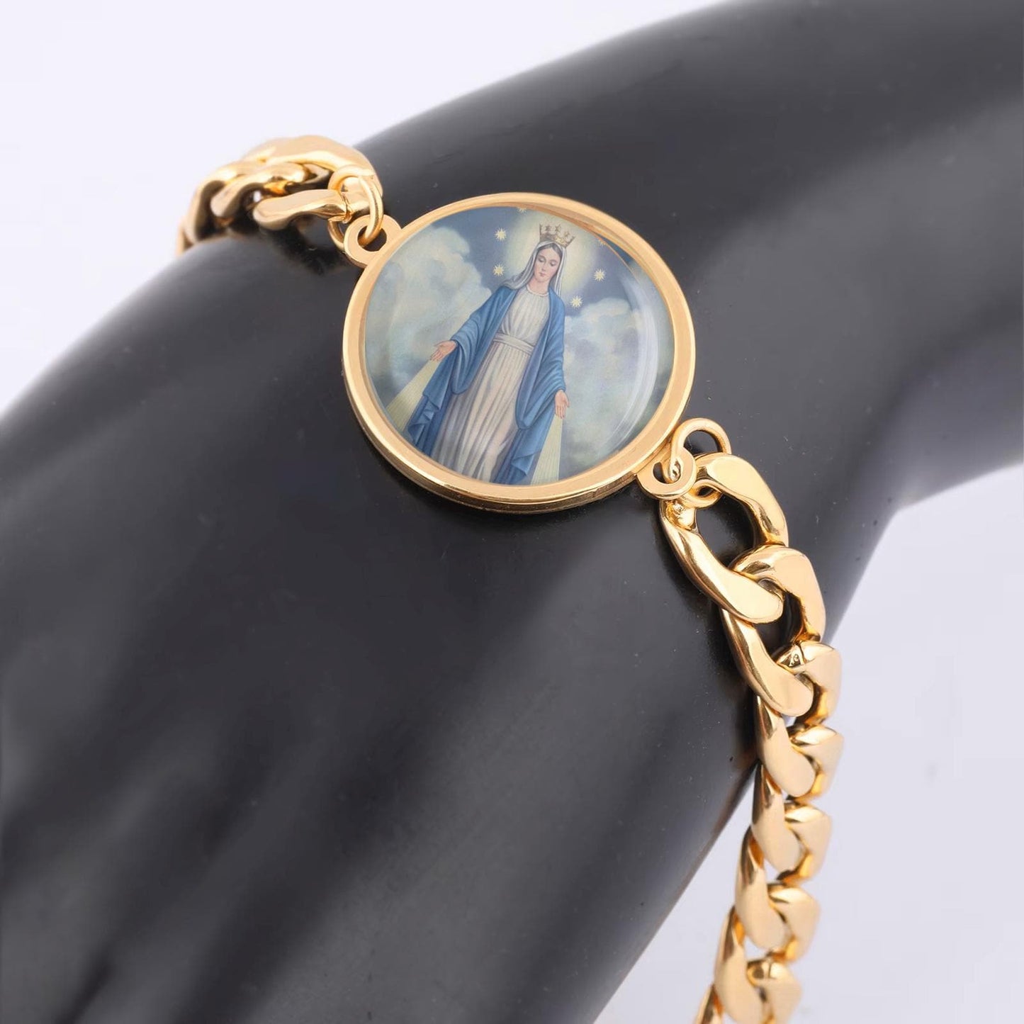 Our Lady Miraculous Mary Curb Bracelet Gold or Silver tone Religious Jewelry Simple Chain