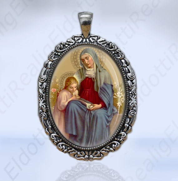 Child Mary and St. Anne Christian Catholic Medal Silvertone Pendant Oval