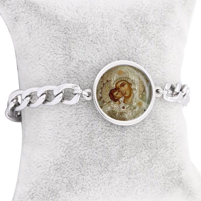 Our Lady Orthodox Icon Mary Curb Bracelet Gold or Silver tone Religious Jewelry Simple Chain