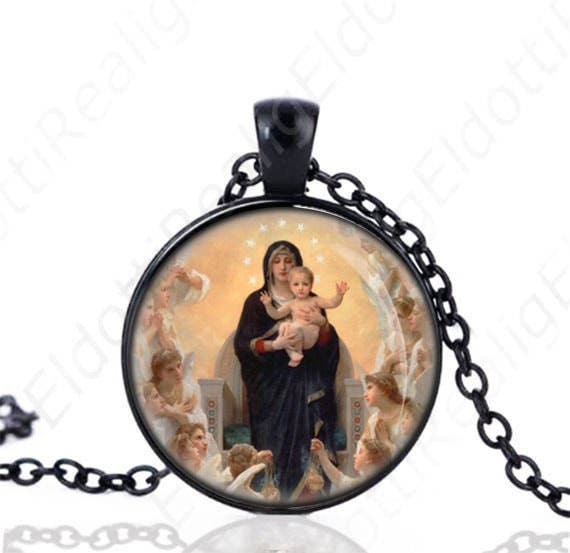 Our Lady of Angels Black Necklace Virgin Mary and Child Jesus Catholic Medal Religious Pendant w Chain
