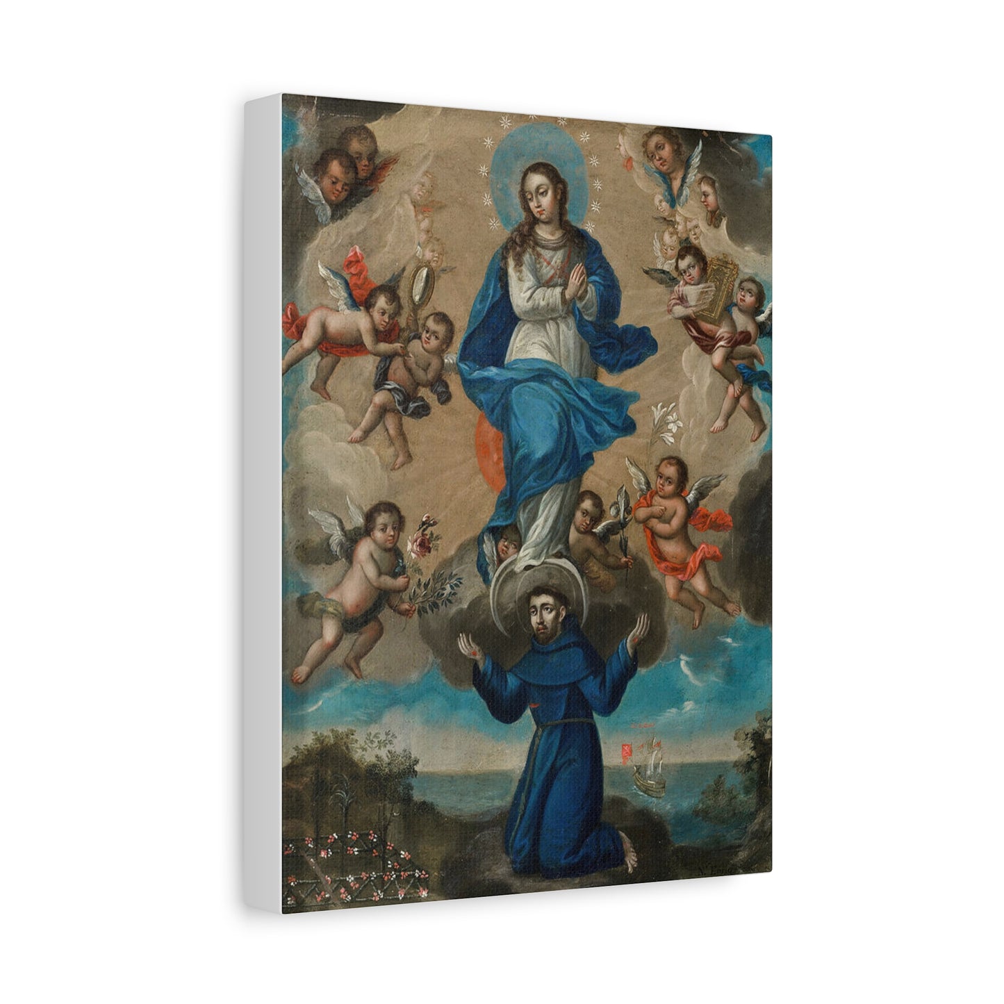 Immaculate Conception with Saint Francis and Angels Catholic HQ Print on Canvas Ready To Hang - Virgin Mary Canvas
