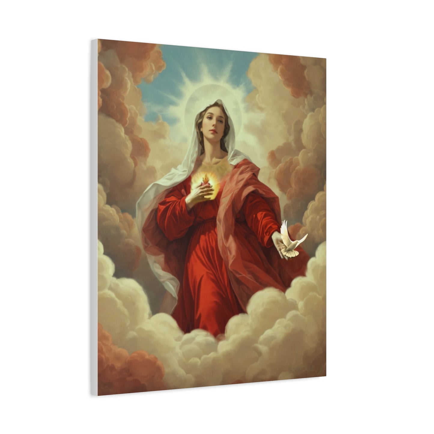 Mother Mary with Dove Heaven Catholic Canvas Wall Art, Christian Decor