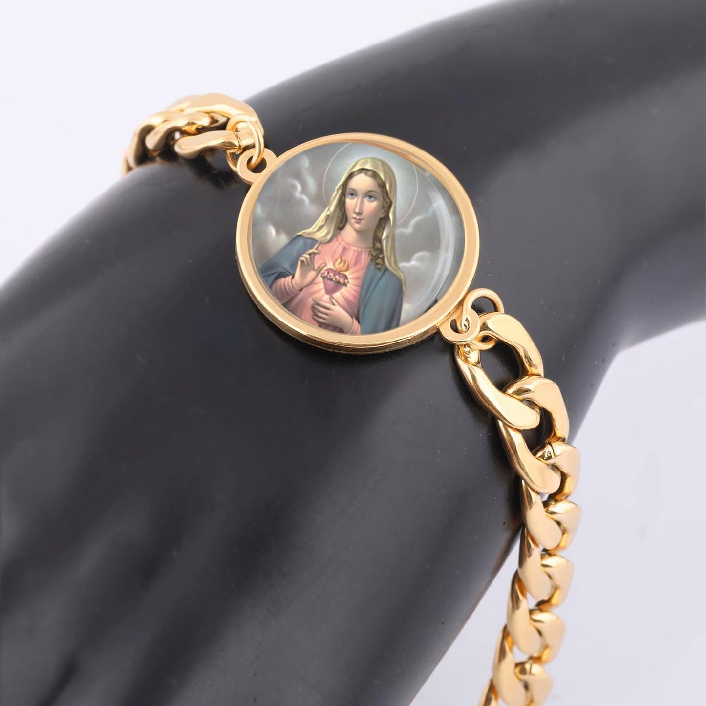 Our Blessed Lady Immaculate Heart Curb Bracelet Gold or Silver tone Religious Jewelry Simple Chain