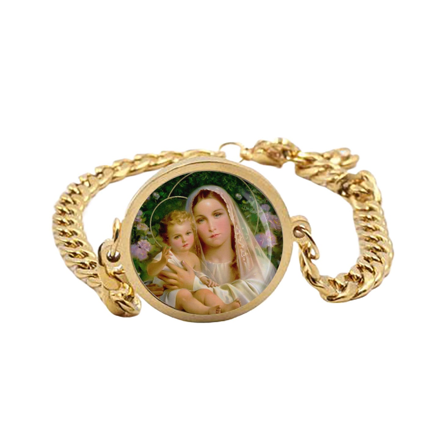 Our Lady Mary And Jesus Curb Bracelet Gold or Silver tone Religious Jewelry Simple Chain