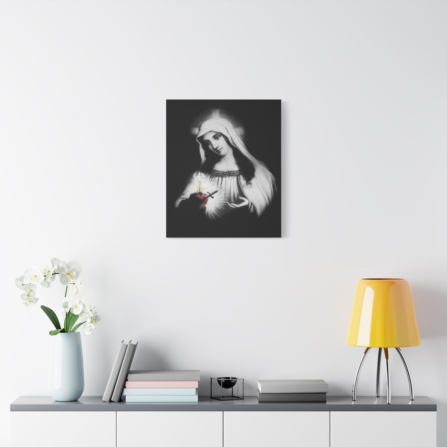 Ready To Hang - Mother Mary Immaculate Heart Catholic Sorrowful Mary Canvas Wall Art, Christian Decor Black and White