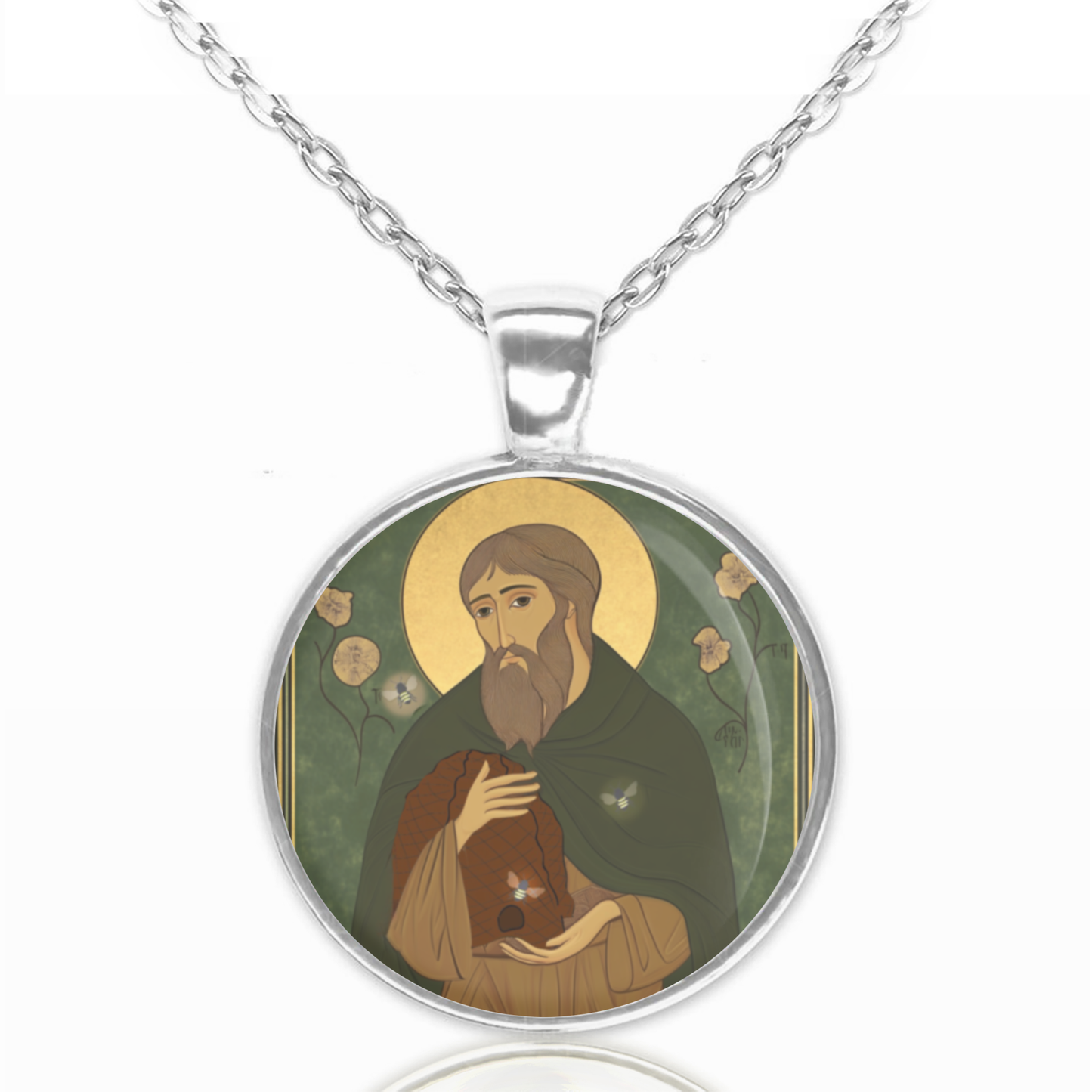 St. Modomnoc Patron Of Bees Necklace Catholic Saint Pendant Medal image 0